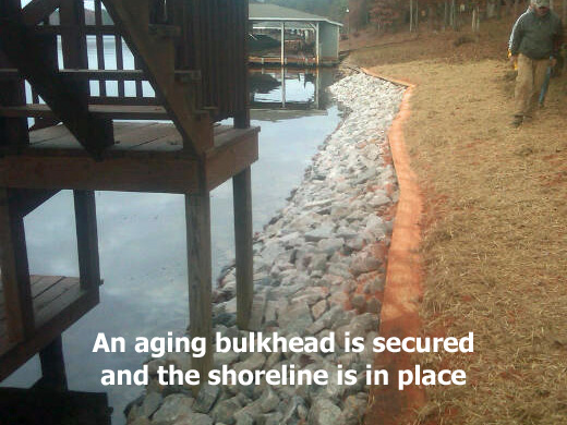Aging Bulkhead is secured and the shoreline is in place.
