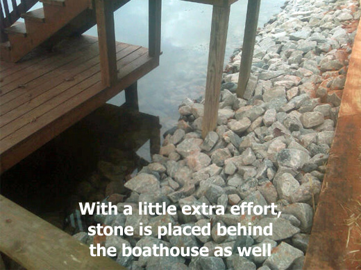 Stone placed behind boathouse as well for added protection