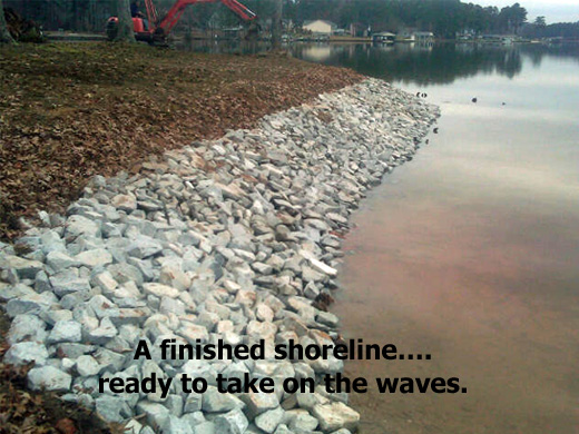 Finished shoreline project with new rip rap to protect from waves