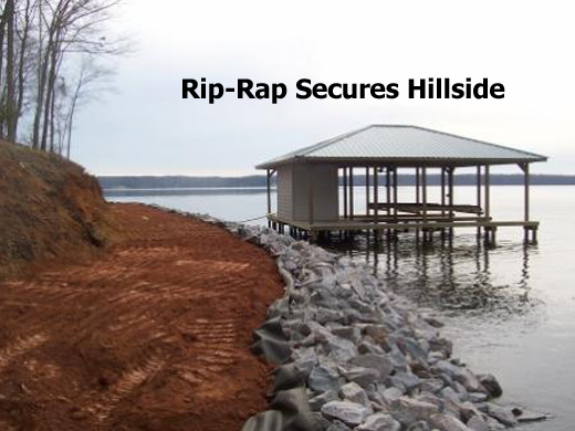 Rip-Rap Stone sercures hillside on Lake Gaston